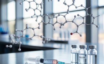 3 vials labeled peptide and a syringe next to a molecular structure representation