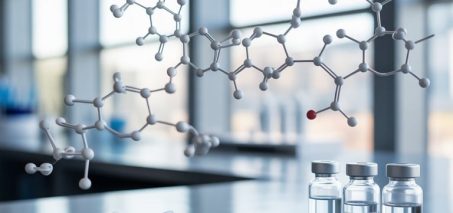 3 vials labeled peptide and a syringe next to a molecular structure representation