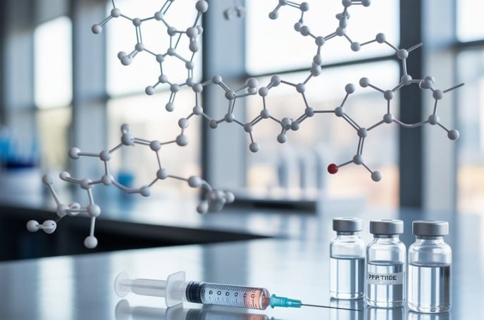 3 vials labeled peptide and a syringe next to a molecular structure representation