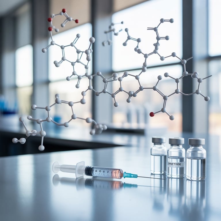 3 vials labeled peptide and a syringe next to a molecular structure representation