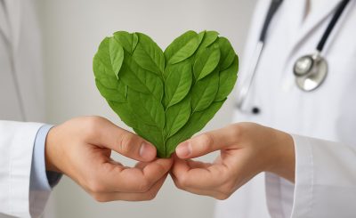 two hands holding a heart-shaped arrangement of green leaves