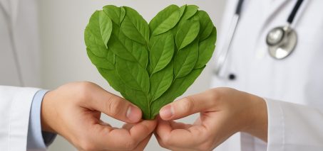 two hands holding a heart-shaped arrangement of green leaves