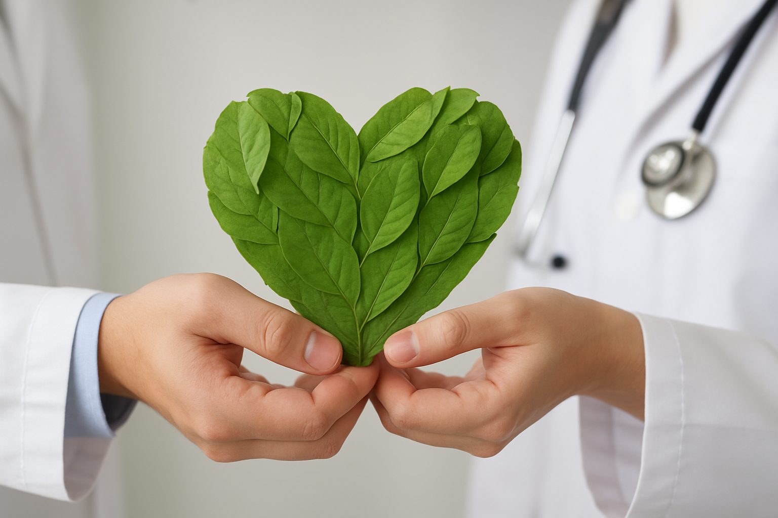 two hands holding a heart-shaped arrangement of green leaves