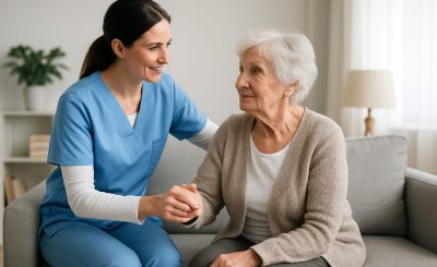 A caregiver assisting an elderly woman in a home setting, showcasing a compassionate interaction.