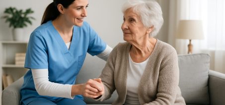 A caregiver assisting an elderly woman in a home setting, showcasing a compassionate interaction.