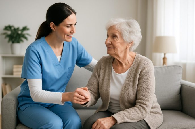 A caregiver assisting an elderly woman in a home setting, showcasing a compassionate interaction.